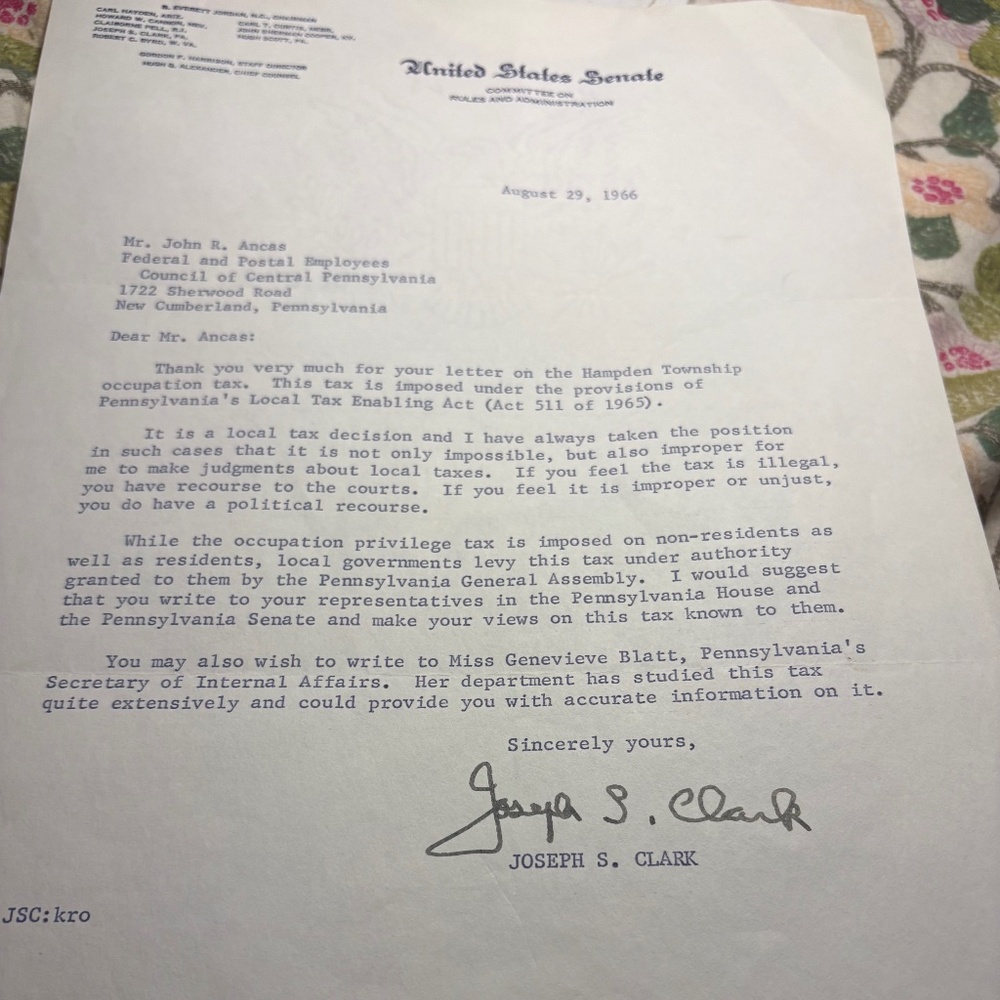 🇺🇸 Senator Joseph S. Clark 1966 Typed Signed Autograph Letter | Pennsylvania